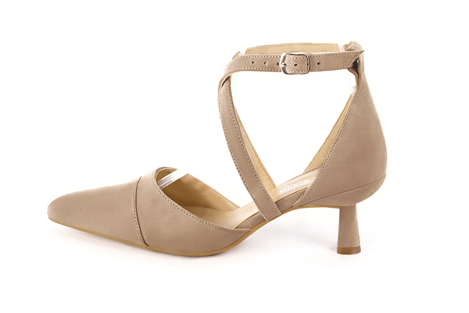 Tan beige women's open side shoes, with crossed straps. Tapered toe. Medium spool heels. Profile view - Florence KOOIJMAN